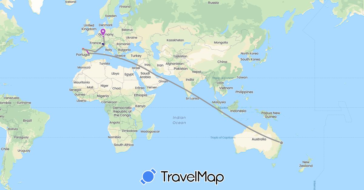 TravelMap itinerary: driving, plane, train, hiking in Australia, Switzerland, Germany, Spain, Italy, Qatar (Asia, Europe, Oceania)